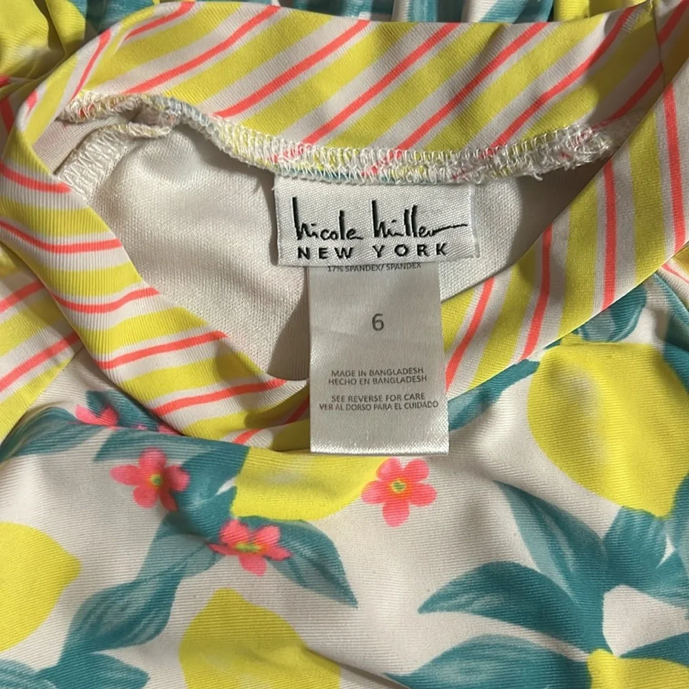 Nicole Miller Girls Swim Rash Guard 6 Lemons Pink Stripes Floral‎ Top Only